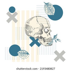 Art collage vintage human skull with flower roses, halftone. Zine Culture style banner. Hipster trending concept Tattoo, t-shirt design. Realistic hand drawn sketch. Skeleton head Vector illustration