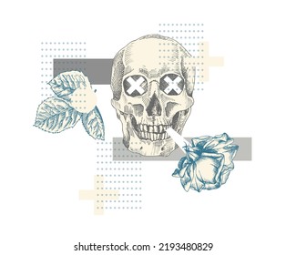 Art collage vintage human skull with flower roses, halftone. Zine Culture style banner. Hipster trending concept Tattoo, t-shirt design. Realistic hand drawn sketch. Skeleton head Vector illustration