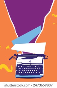 Art collage with vintage typewriter for content creation, marketing and copywriting. Storytelling, creativity and blogging concept