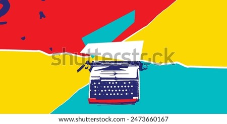 Art collage with vintage typewriter for content creation, marketing and copywriting. Storytelling, creativity and blogging concept