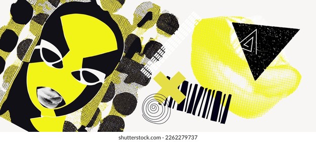 Art collage with woman face mouths and yellow and black elements. Magazine style, grunge textures. Composition with female lips and makeup. Concept of poster, ideas, creativity. Vector illustration