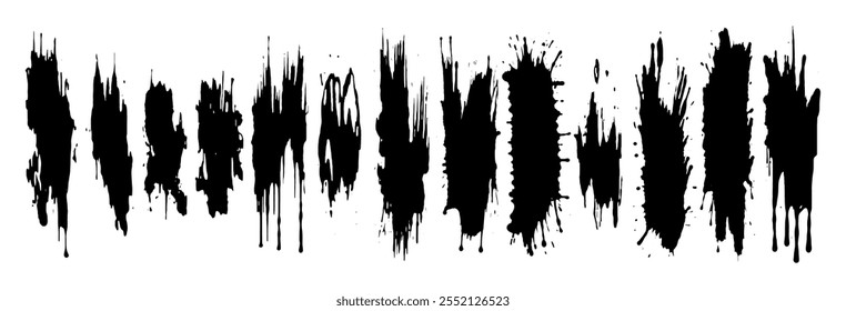Art collection of bold, black ink splatters, for adding a dynamic and creative element to vector designs. Versatile splatters isolated on white background for unique compositions, backgrounds