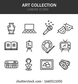 Art collection linear icons in black on a white background