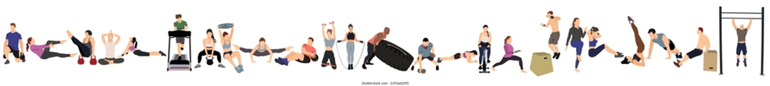 art of collection of people doing different workouts and exercises