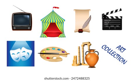 Colección de arte. Conjunto de objetos de arte Clipart sobre fondo blanco. Ilustración vectorial