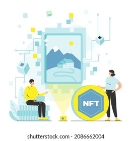 Art collector buying NFT crypto art for cryptocurrency, vector illustration. Nft art metaverse. Non-fungible token.