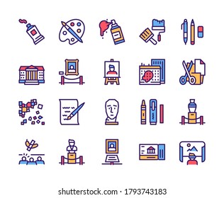 Art color linear icon set. Editable stroke. Painting and creative hobbies. Museums and exhibitions. Contemporary art and design