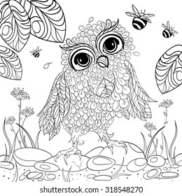 Art and Color Therapy. An Anti Stress Coloring Book. Wise owlet and flora. coloring page