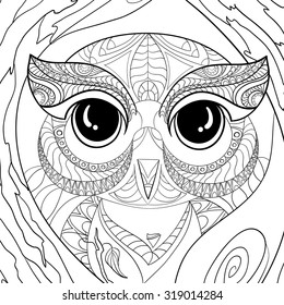Art and Color Therapy. An Anti Stress Coloring Book. Wise owl and flora. coloring page