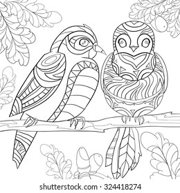 Art and Color Therapy. An Anti Stress Coloring Book.two love birds on a tree branch with leaves and acorns. coloring page