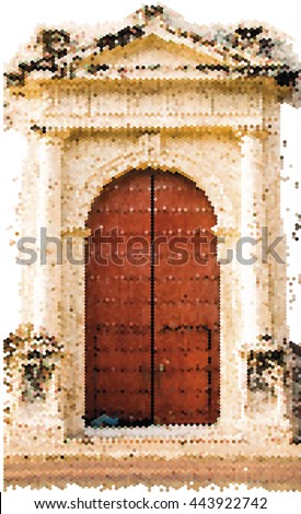 art colorful background consisting of hexagons and photo door church in cartagena, colombia.