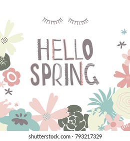 Art with colorful flowers and eyelashes and Hello Spring lettering