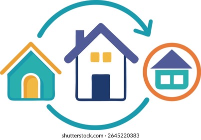 Art of a colorful illustration shows a cyclical process of home upgrades, transitioning from a smaller to a larger house