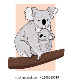 Art of colorful mother koala with little baby on beige background. Illustration of simple drawn animals.