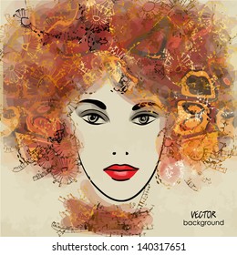 art colorful sketching beautiful girl face on sepia background in vector. Raster version is also in my gallery.