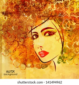 art colorful sketching beautiful girl face on sepia background. Raster version is also in my gallery.