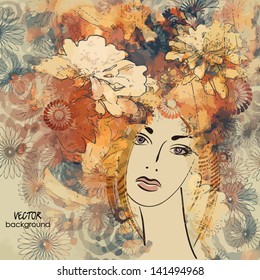 art colorful sketching beautiful girl face with red floral curly hair, on sepia background. Raster version is also in my gallery.