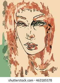 art colorful sketching beautiful girl face on sepia background