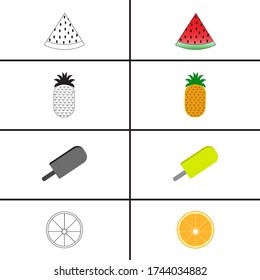 Art and colorful summer seamless pattern with tropical fruits and ice cream vector illustration
