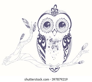 Art Coloring book for adult with cute sitting Owl. Black and white ink sketch of fly bird with abstract and floral ornament . Hand drawn vector illustration.