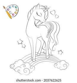 Art. Coloring Page.  Hand Drawn Illustration Of Cute Little Unicorn .Fashion Illustration Drawing In Modern Style. Silhouette. Colorbook.  Isolated .Children Background. Magic Pony. Sketch Animals.