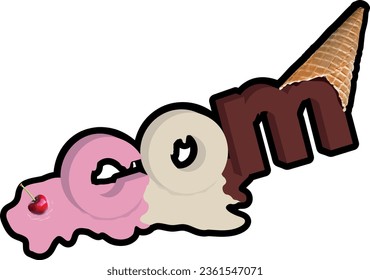 Art with the .com domain in the form of ice cream in various flavors with a cone and melting with cherry. chocolate, strawberry and vanilla with dark outlines.