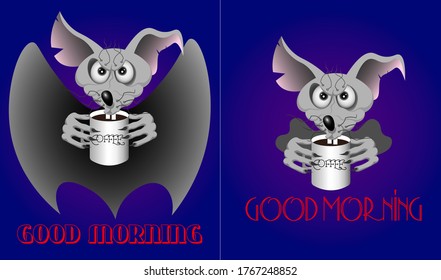 art comic illustration mouse with a cup of coffee and the inscription good morning