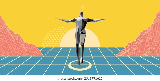 Art composition. 3D human body model. Leadership concept. Journey through time. Astral travel out of body. Reincarnation spiritual concept. Design for cover, card, brochure or presentation.