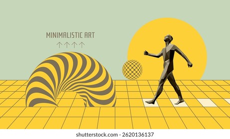 Art composition. An abstract man striding forward. 3D modelling of human body in virtual space. A leadership or development concept. Design for a cover, postcard, brochure or presentation. Vector.