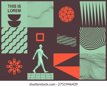 Art composition. An abstract man striding forward. 3D modelling of human body in virtual space. A leadership or development concept. Geometric pattern. Mosaic. Vector illustration for design.