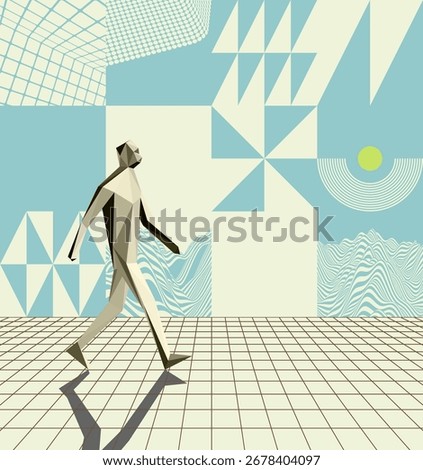 Art composition. An abstract man striding forward. 3D modelling of human body in virtual space. A leadership or development concept. Geometric pattern. Vecor for cover, card, brochure or presentation.