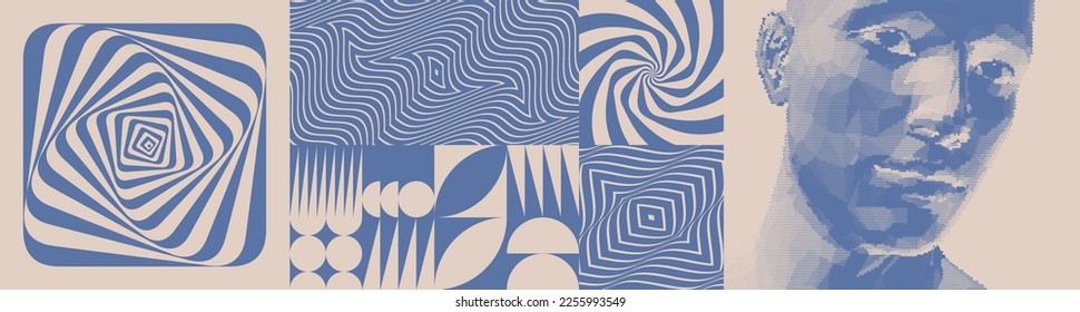 Art composition. Abstract man's head made from dots. Striped background with optical illusion. Rotation and swirling movement. Illustration for brochure, poster, poster, flyer or banner.