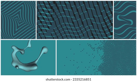 Art composition. Abstract striped background with optical illusion and ripple effect. Dynamic particles. Water splash imitation. Liquid shape or fluid graphic element. 3D vector for design.