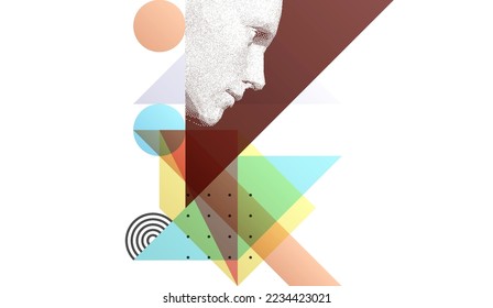 Art composition. Abstract transparency geometrical background. Digital human head constructing from dots. Cover design template for presentation, banner, flyer, poster or brochure. 3D vector.