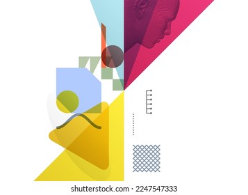 Art composition. Abstract transparency geometrical background. Digital human head constructing from cubes. Cover design template for presentation, banner, flyer, poster or brochure. 3D vector.
