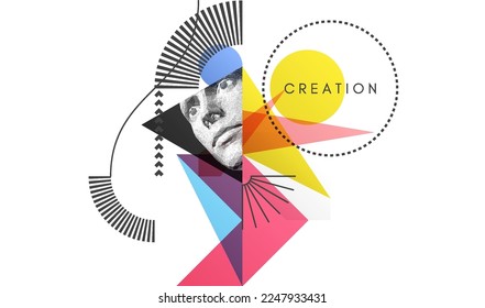 Art composition. Abstract transparency geometrical background. Digital human head constructing from cubes. Cover design template for presentation, banner, flyer, poster or brochure. 3D vector.