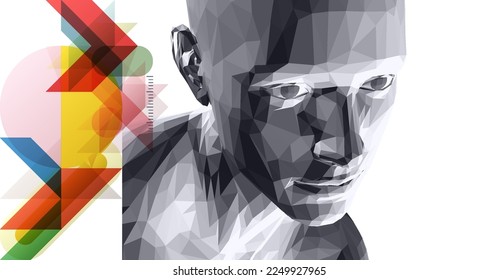 Art composition. Abstract transparency geometrical background. Digital human head. Cover design template for presentation, banner, flyer, poster or brochure. 3D vector.
