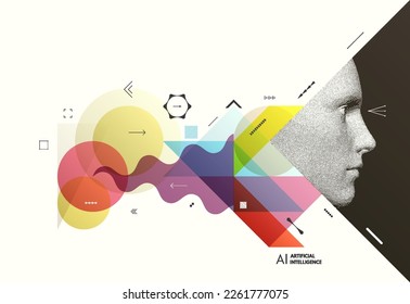 Art composition. Abstract transparency geometrical background. Digital human head constructing from dots. Cover design template for presentation, banner, flyer, poster or brochure. 3D vector.