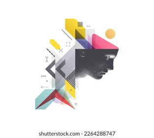 Art composition. Abstract transparency geometrical background. Digital human head constructing from dots. Cover design template for presentation, banner, flyer, poster or brochure. 3D vector.