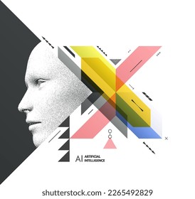 Art composition. Abstract transparency geometrical background. Digital human head constructing from dots. Cover design template for presentation, banner, flyer, poster or brochure. 3D vector.