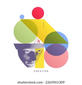 Art composition. Abstract transparency geometrical background. Digital human head constructing from dots. Cover design template for presentation, banner, flyer, poster or brochure. 3D vector.