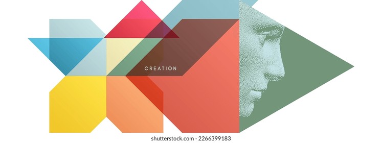 Art composition. Abstract transparency geometrical background. Digital human head constructing from dots. Cover design template for presentation, banner, flyer, poster or brochure. 3D vector.