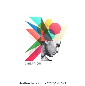 Art composition. Abstract transparency geometrical background. Digital human head constructing from cubes. Cover design template for presentation, banner, flyer, poster or brochure. 3D vector.