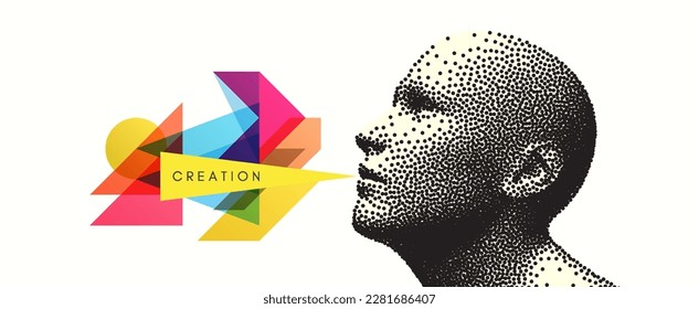 Art composition. Abstract transparency geometrical background. Digital human head constructing from dots. Cover design template for presentation, banner, flyer, poster or brochure. 3D vector.