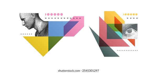 Art composition. Abstract transparency geometrical background. Digital human head constructing from dots. Cover design template for presentation, banner, flyer, poster or brochure. 3D vector.
