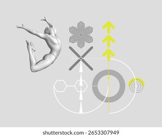 Composição artística. Um atleta em um salto. Corpo humano formado a partir de pontos pontilhados. Design para o esporte. Atividades de ginástica. Padrão geométrico. Vetor para apresentação, cartaz, cartaz, capa ou brochura.