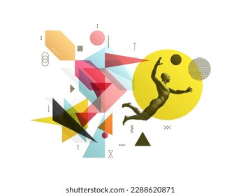 Art composition. Basketball player with ball in action. Sportsman jumping and want throw basketball ball. Art composition. Cover design template. 3D illustration for brochure, poster, presentation.