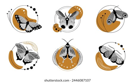 Art composition with butterflies in black and gold colors in a minimalistic style on a white background. Vector illustrations for posters, greeting cards, T-shirt printing.