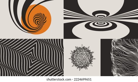 Art composition. Cover design template. Optic art illustration of black and white squares. Sphere. Abstract grid design. 3D illustration for brochure, poster, poster, presentation, flyer or banner.