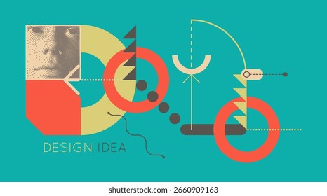Art composition. Digital vision. Network forming AI human face constructing from dots. Discovery, studying and learning concept. Time to think. Geometrical background. Cover design template. Vector.